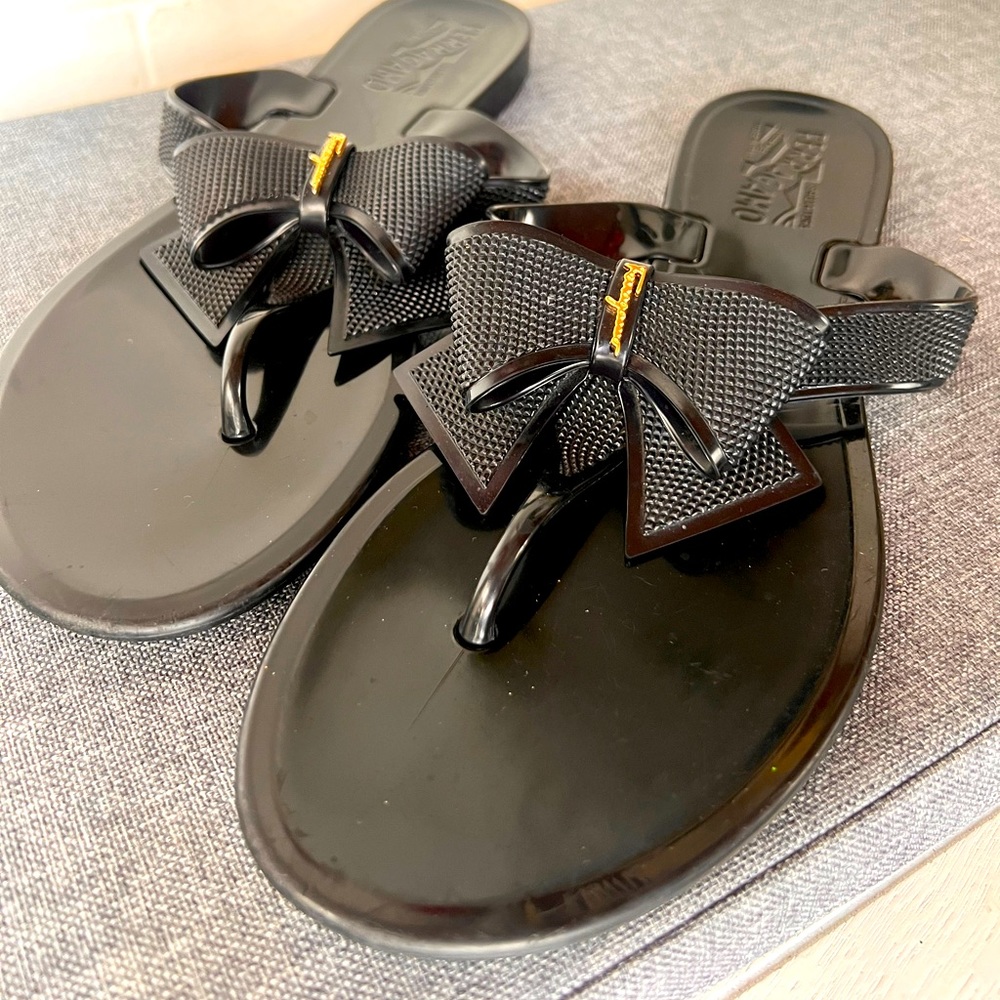 Salvatore Ferragamo Glossy Black “Bali” Jelly Sandals 9